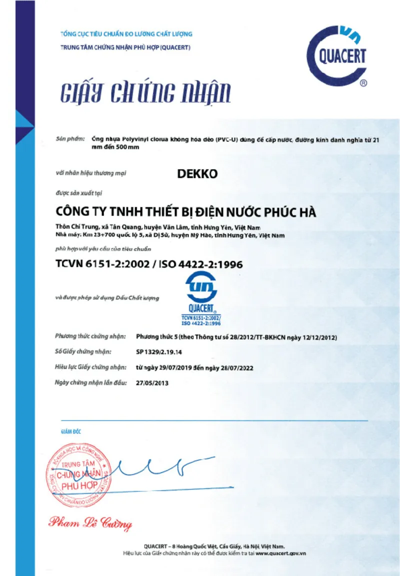 Ống nhựa uPVC Dekko đạt chứng nhận TCVN 6151-2:2002 / ISO 4422-2:1996