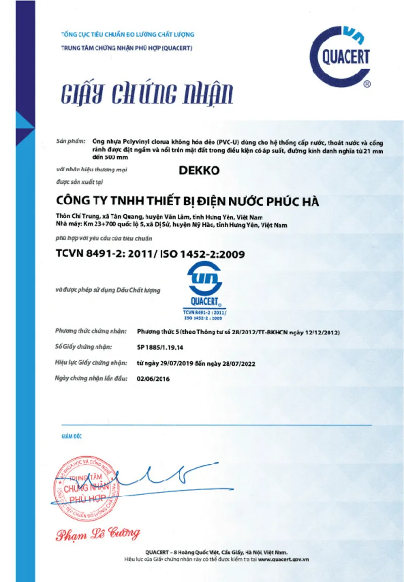 Ống nhựa uPVC Dekko đạt chứng nhận TCVN 8491-2:2011 / ISO 1452-2:2009