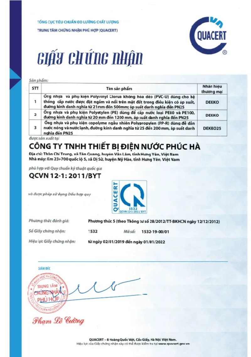 Ống nhựa HDPE của Dekko phù hợp với quy chuẩn kỹ thuật quốc gia QCVN 12-1:2011/BYT