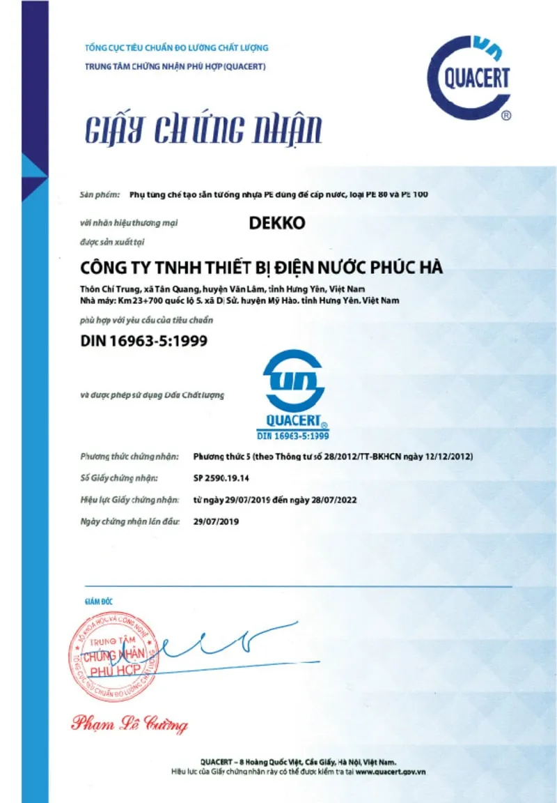 Ống nhựa HDPE của Dekko được cấp giấy chứng nhận DIN 16963-5:1999