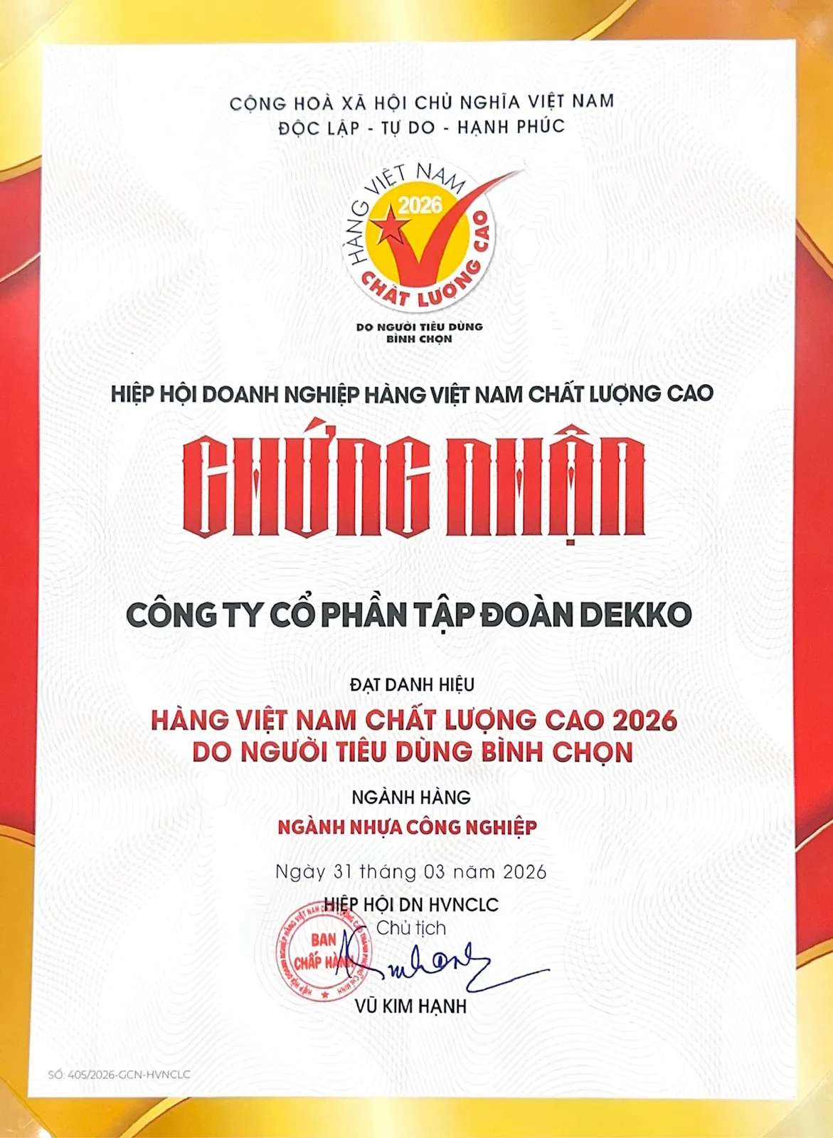 Chứng nhận Hàng Việt Nam chất lượng cao 2026