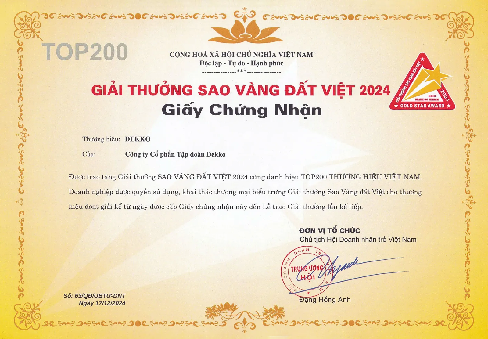 Tập đoàn DEKKO vinh dự đạt giải thưởng Sao Vàng Đất Việt 2024