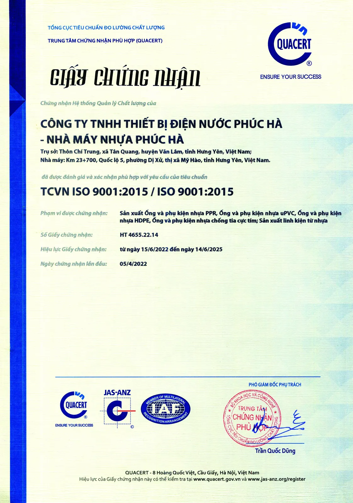 Chứng nhận tiêu chuẩn quốc tế ISO 9001:2015 cho nhà máy