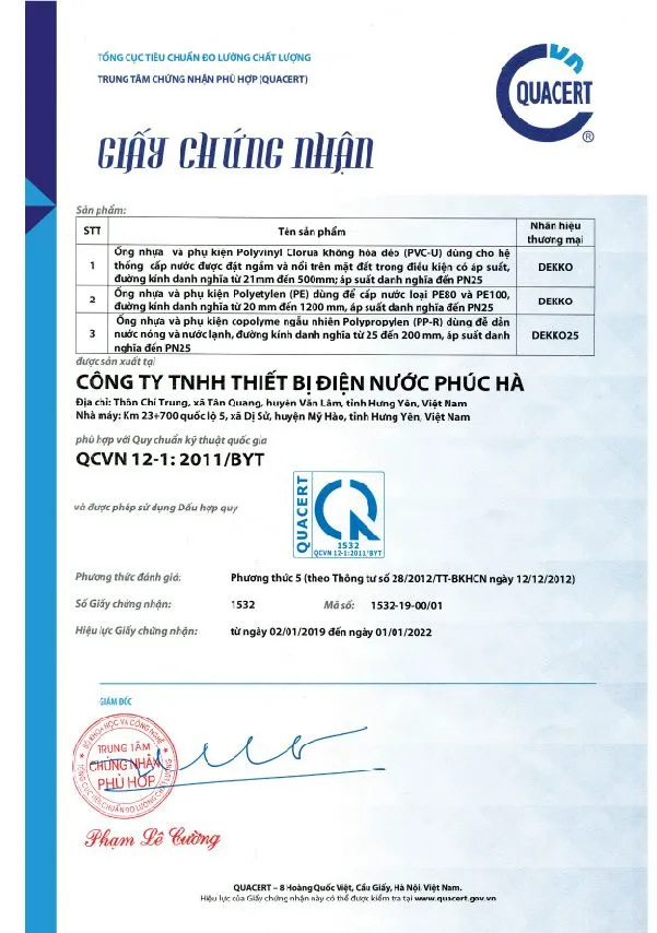 Giấy chứng nhận đạt quy chuẩn QCVN 12-1:2011/BYT