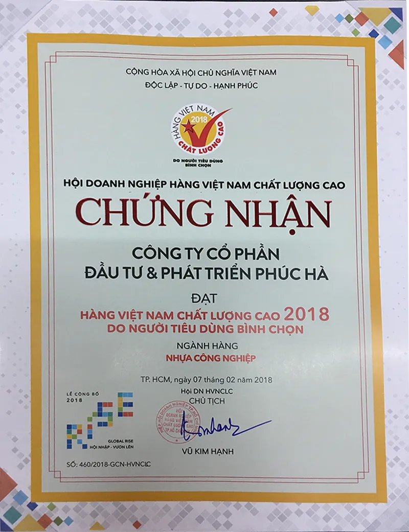 Chứng nhận Hàng Việt Nam chất lượng cao 2018
