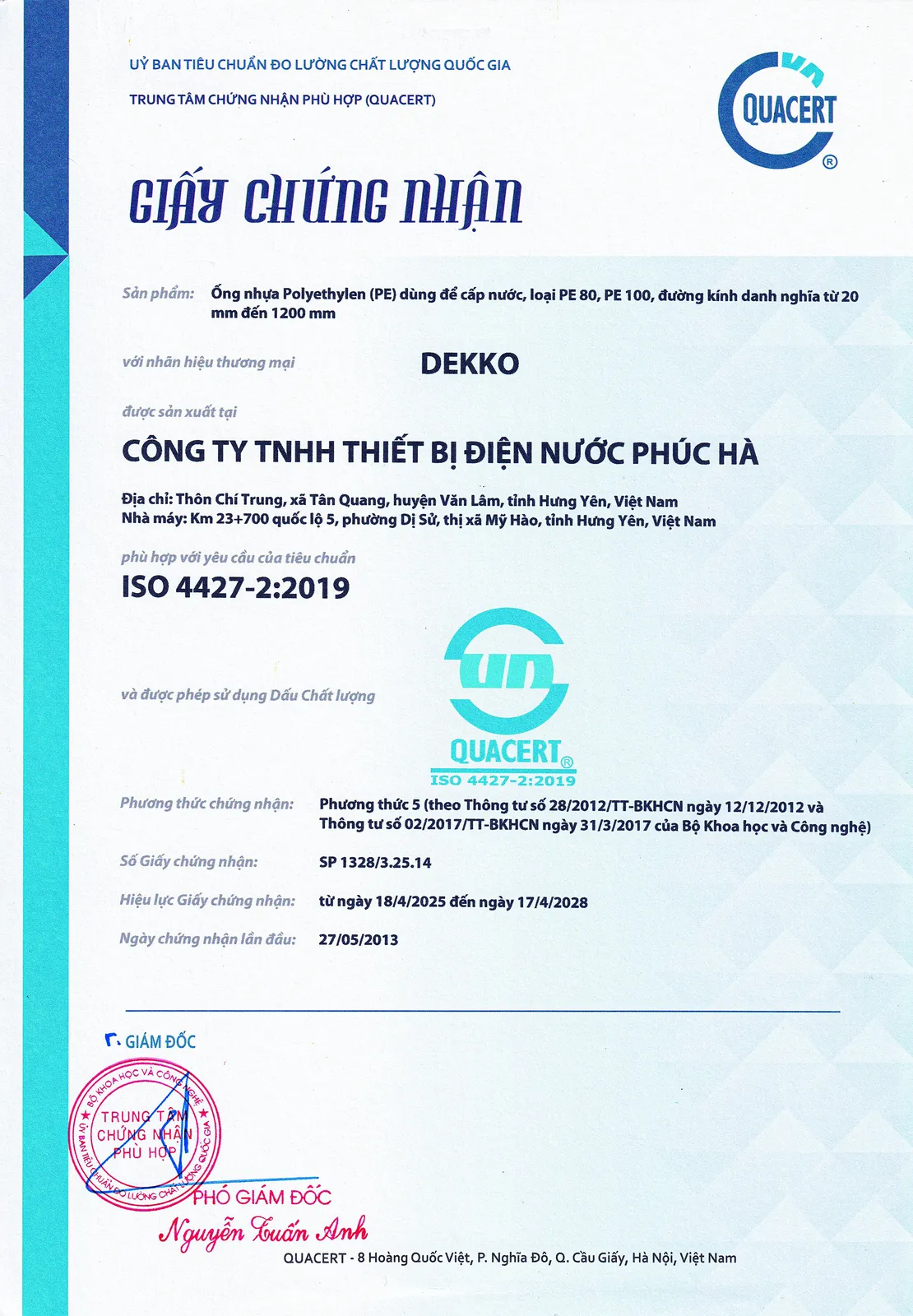 Giấy chứng nhận tiêu chuẩn ISO 4427-2:2019