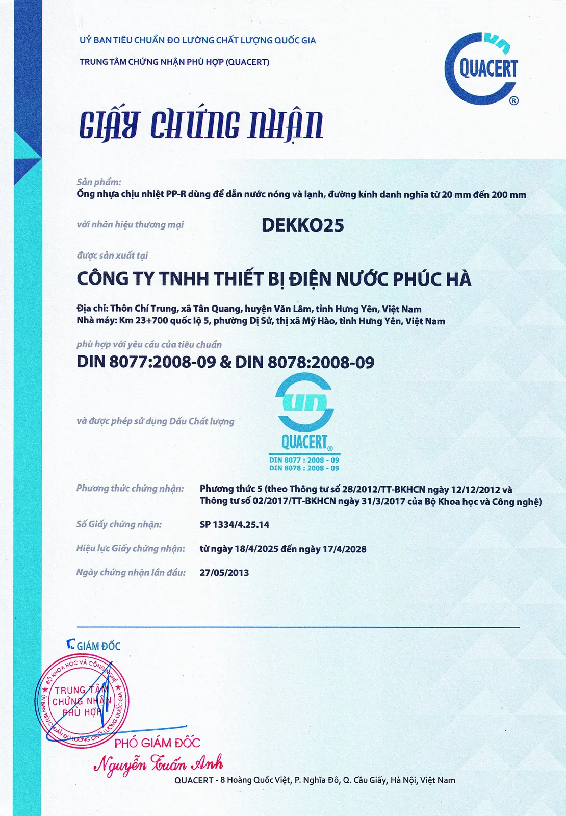 Giấy chứng nhận ống PPR đạt tiêu chuẩn DIN 8077:2008-09&DIN 8078:2008-09